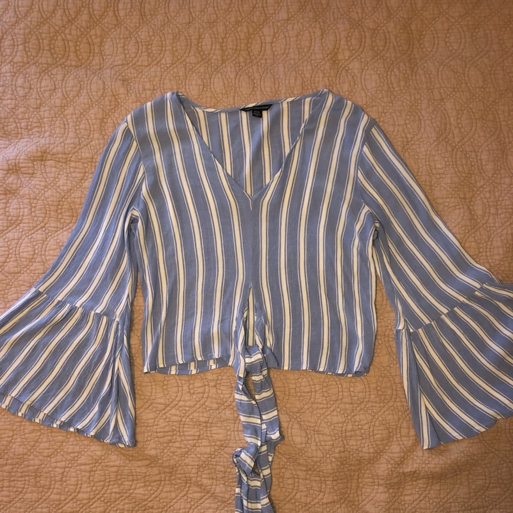 Stripped Bell Sleeve Tie Front Top